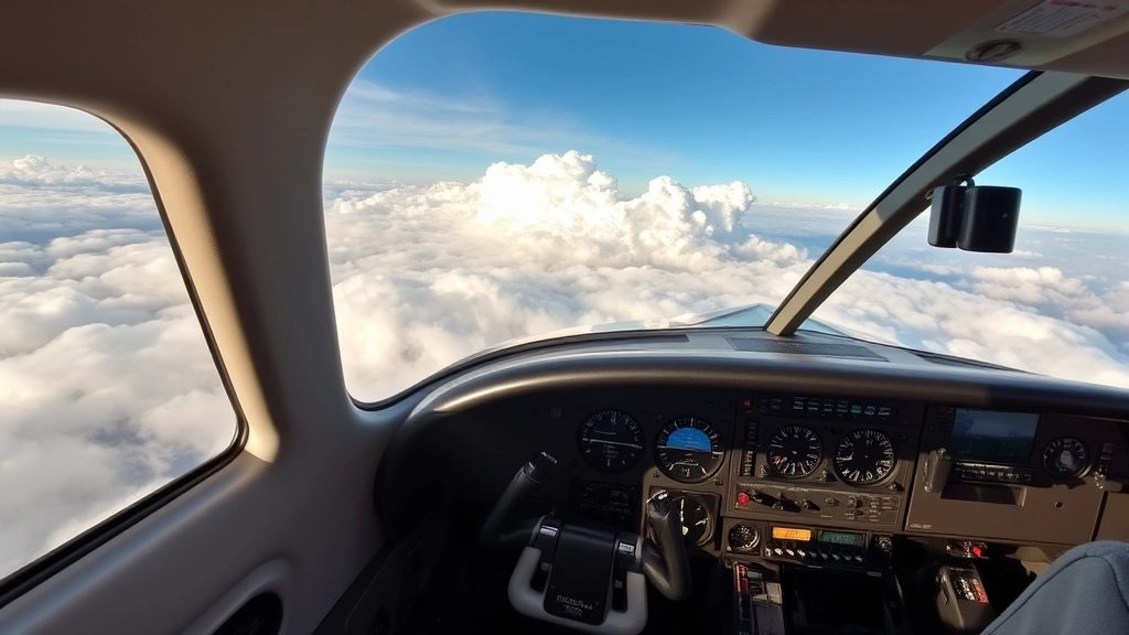 Modern airplane cockpit interior with control panels during flight, clouds visible through windshield, professional aviation environment with instruments
