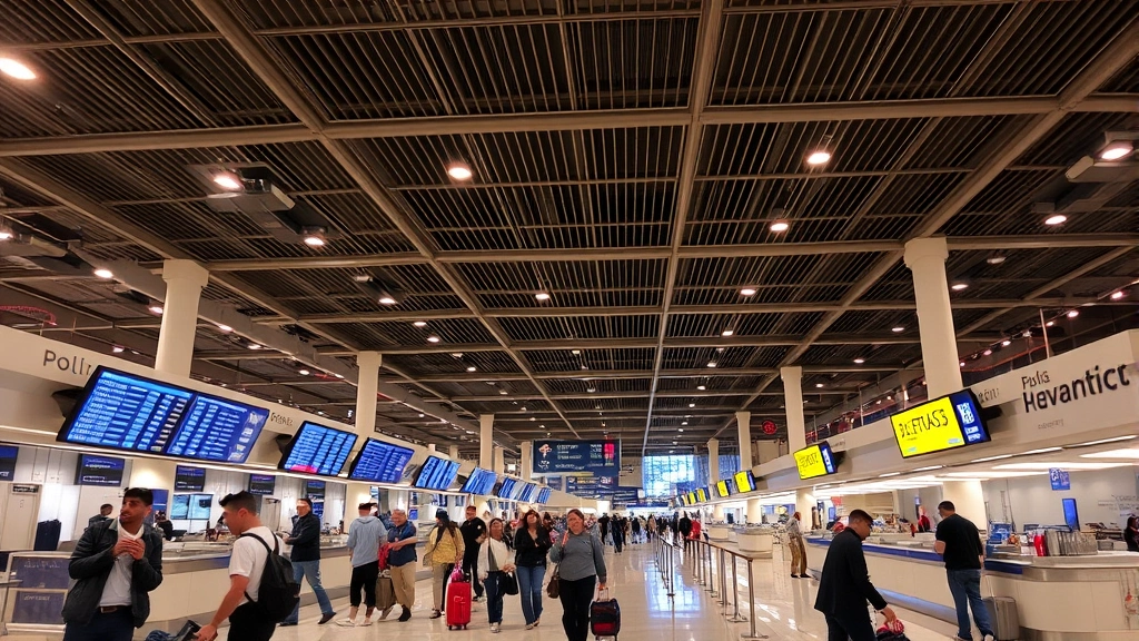 Houston airport terminal interior with travelers checking luggage at counters, departure boards showing flight information, busy bustling airport atmosphere