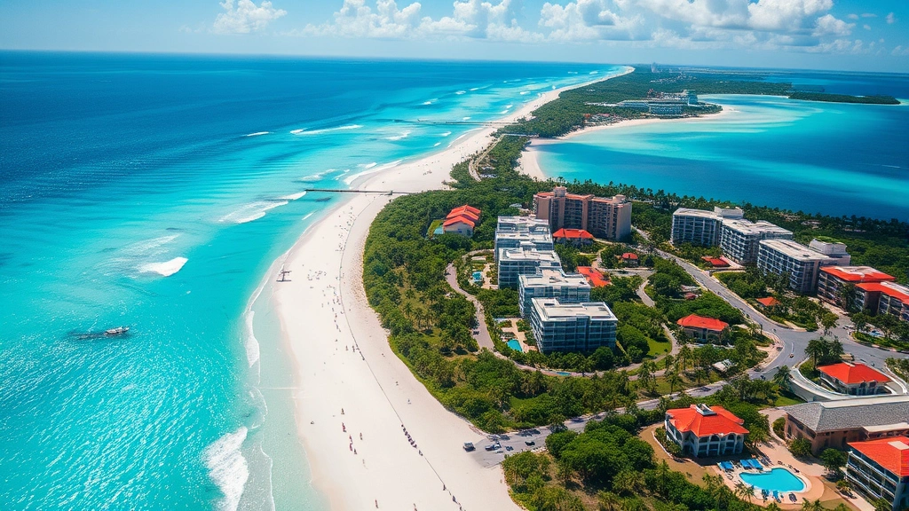 Aerial view of turquoise Caribbean water and white sand beaches of Cancun, Mexico, with resort hotels lining the shore, tropical paradise landscape, bright sunny day, photorealistic travel destination photography