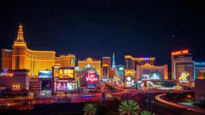 Vibrant Las Vegas Strip skyline at night with illuminated casino hotels, neon signs, and bright lights reflecting off glass buildings, desert city landscape