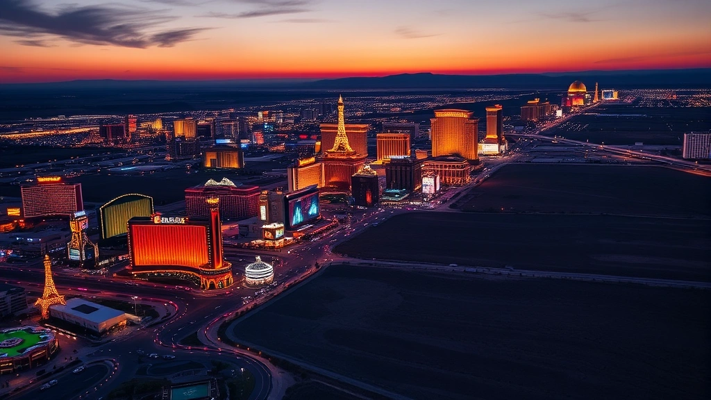 Aerial view of Las Vegas Strip with bright neon lights and casino hotels stretching across desert landscape at dusk, showcasing the vibrant entertainment district