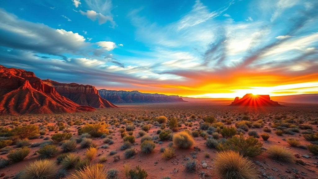Desert landscape at sunset showing red rock formations and golden hour light with dramatic sky, showcasing Nevada's natural beauty beyond the city
