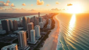 Aerial view of Miami skyline with turquoise ocean, modern high-rise buildings, and beaches at golden hour sunset, vibrant tropical colors, photorealistic travel photography