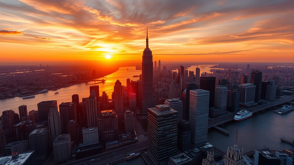 Aerial view of Manhattan skyline at sunset with Hudson River and skyscrapers reflecting golden light, photorealistic travel photography