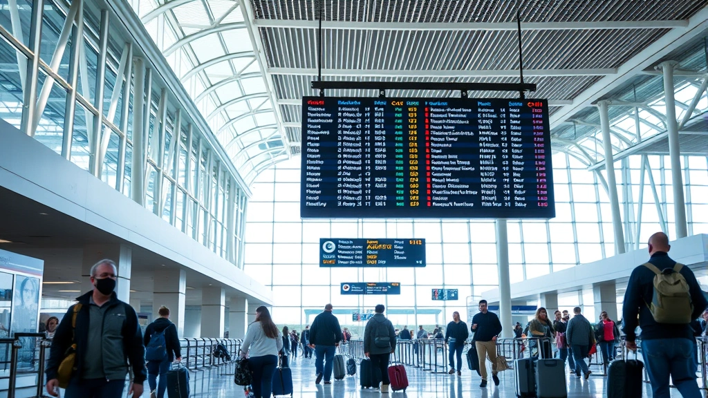 Modern airport terminal interior with departure boards, travelers with luggage, natural lighting from large windows, busy but organized atmosphere