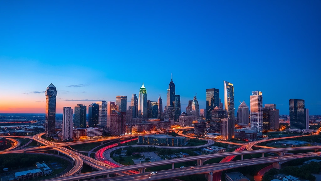 Houston cityscape skyline at dusk with illuminated buildings and highways, featuring downtown towers and urban landscape photography