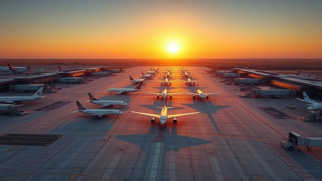 Aerial view of Indianapolis International Airport tarmac with commercial aircraft lined up at gates during sunrise, warm golden light, clear sky, professional airport infrastructure