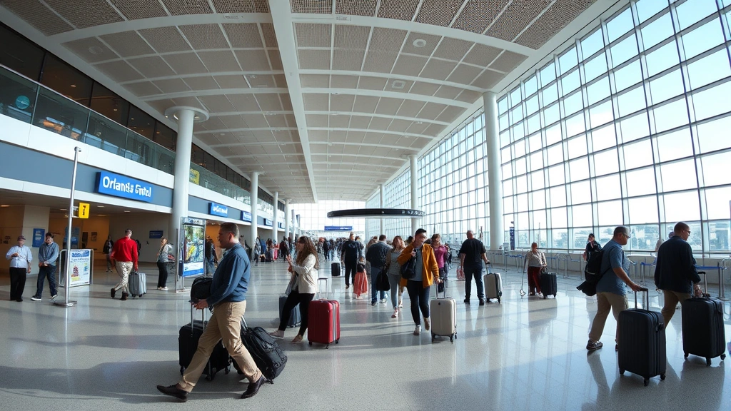 Wide-angle shot of Orlando International Airport terminal interior with modern architecture, travelers with luggage, bright natural light from windows, bustling airport atmosphere