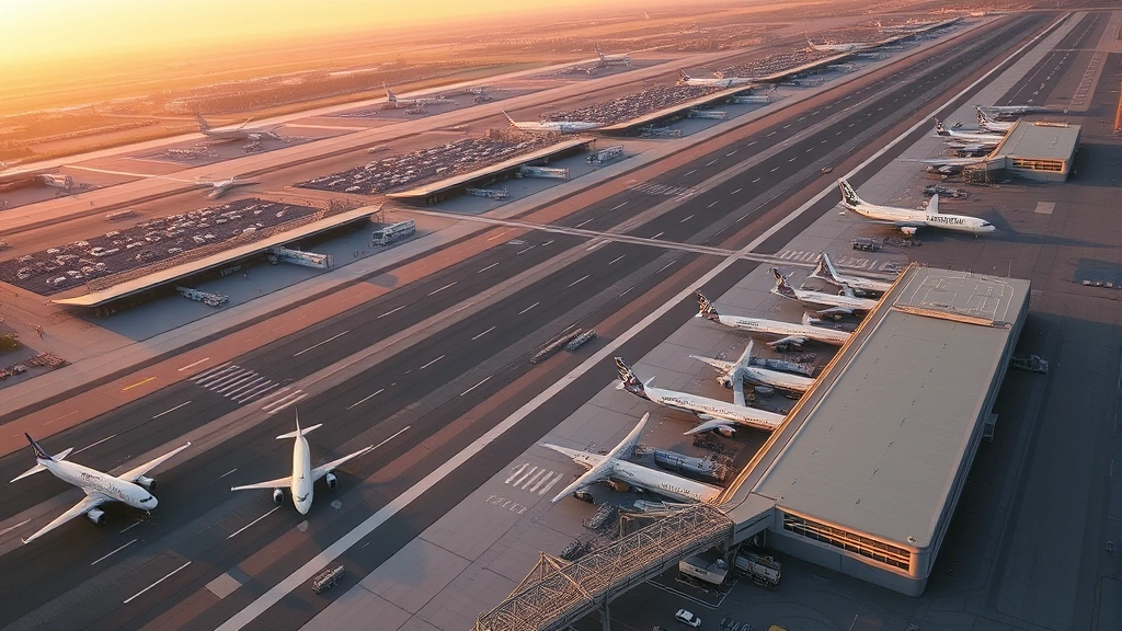 Aerial view of JFK Airport with multiple runways, planes parked at gates, taxiing aircraft, sunrise or sunset lighting, photorealistic, no text