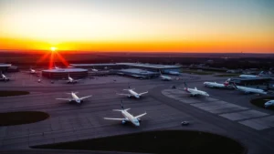 Aerial view of Memphis International Airport with planes on tarmac at sunset, professional photography, clear skies, commercial aircraft visible