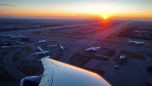 Aerial view of Memphis International Airport (MEM) with runways and aircraft gates visible at sunrise, Tennessee landscape in background, professional photography