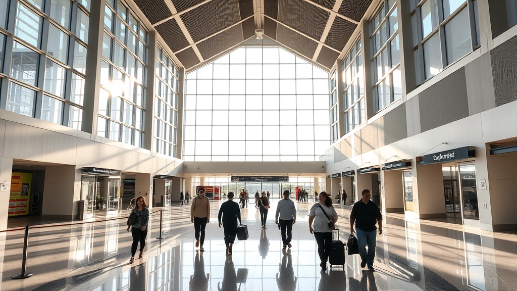 Modern Orlando airport terminal interior with travelers walking through bright corridor, natural light streaming through windows, contemporary architecture