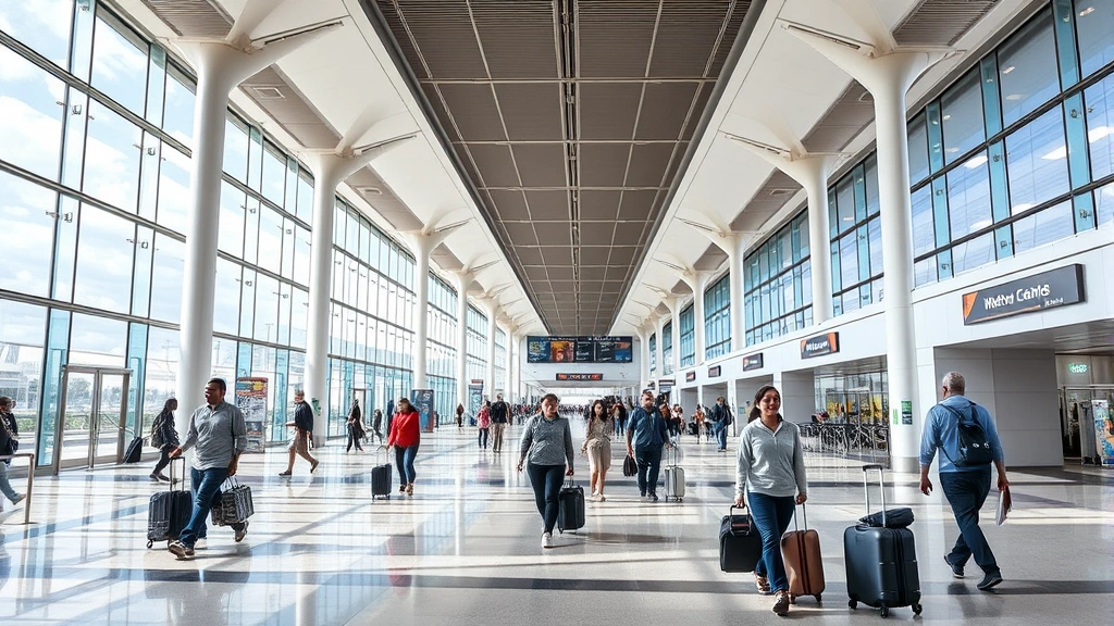 Modern Orlando International Airport (MCO) terminal interior with travelers with luggage walking through contemporary architecture and natural lighting