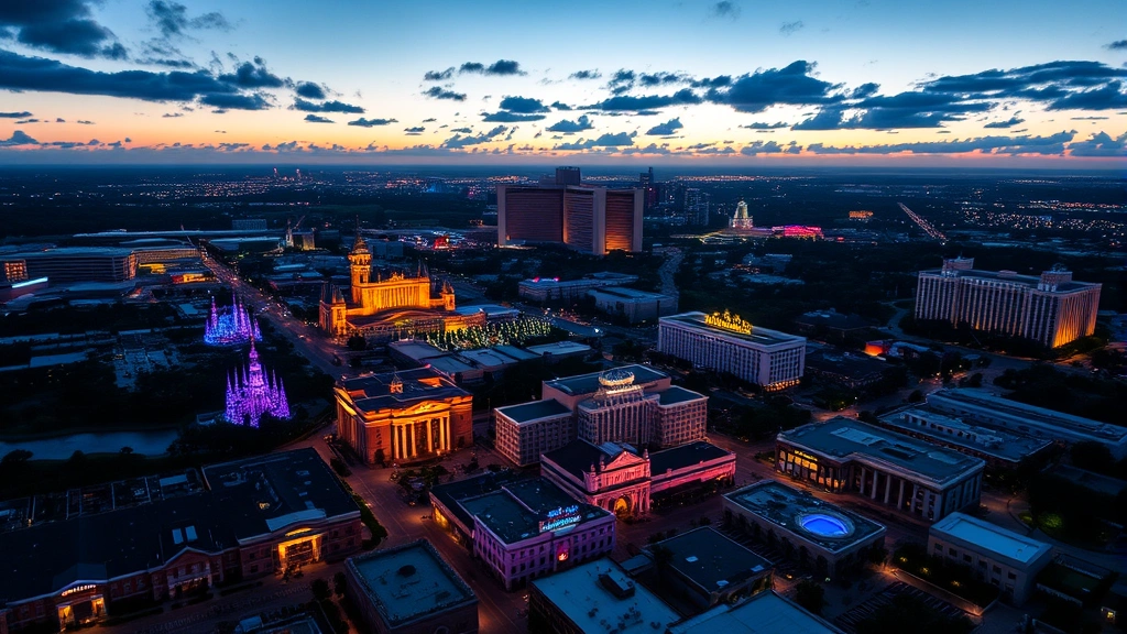 Scenic aerial photograph of Orlando cityscape at dusk showing theme parks and hotels in distance, city lights beginning to illuminate, vibrant colors