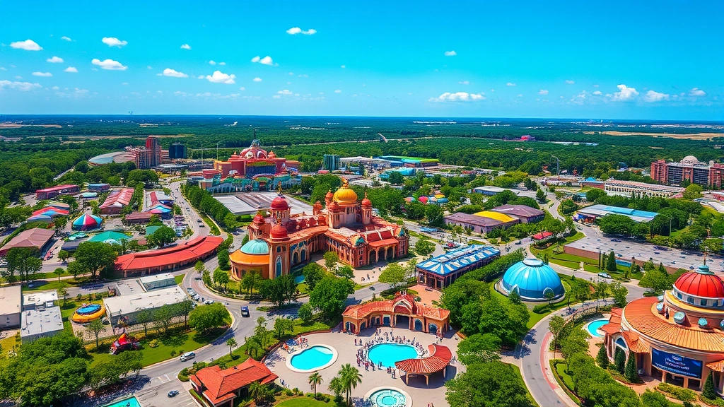 Scenic view of Orlando theme parks and attractions visible from above with colorful buildings and landscaping, bright Florida sunshine illuminating the area