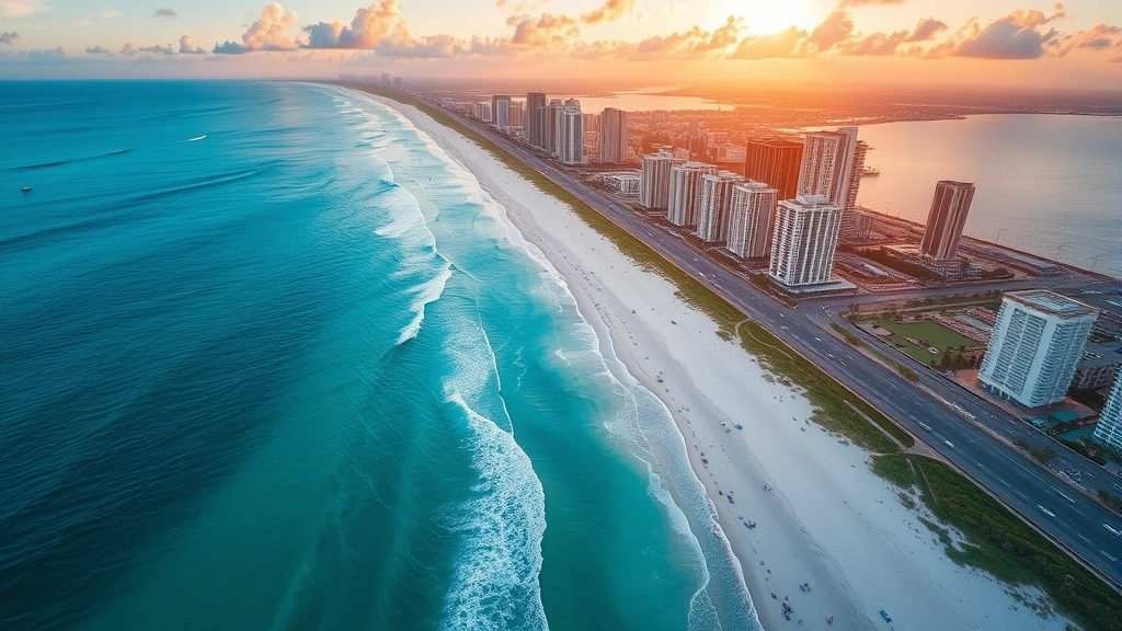 Aerial view of Miami coastline with turquoise ocean, white sand beaches, and downtown skyline during golden hour sunset, photorealistic travel photography