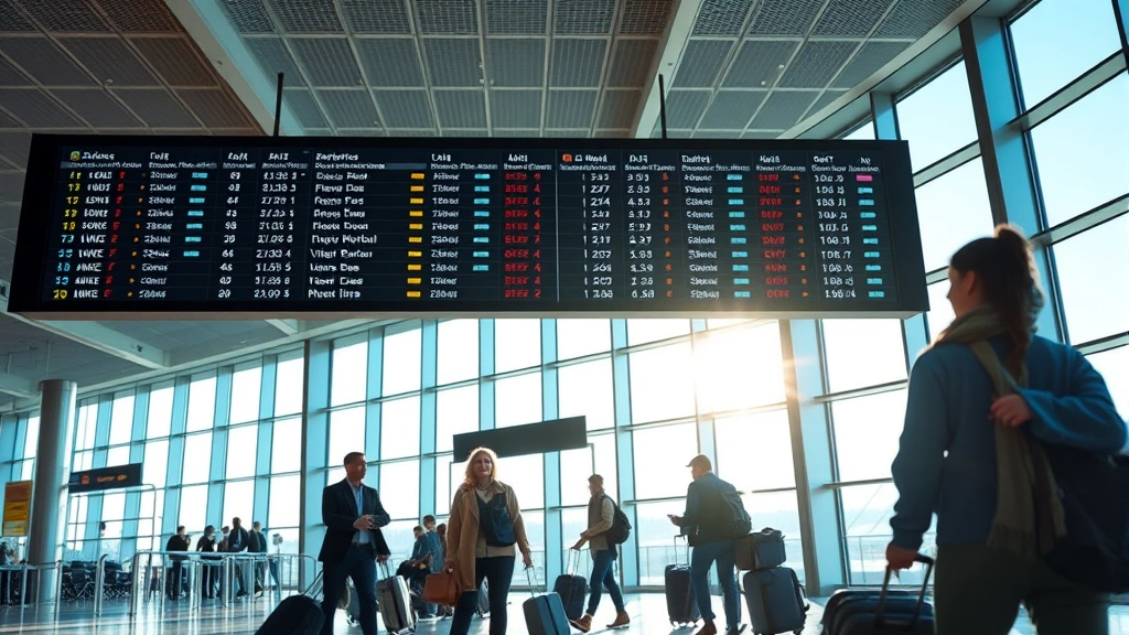 Modern airport terminal interior with departures board, travelers with luggage, natural light streaming through large windows, bustling travel atmosphere