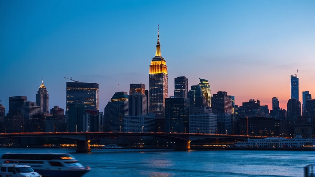 New York City skyline at dusk with Empire State Building illuminated, Manhattan bridges, Hudson River reflecting city lights, iconic urban landscape
