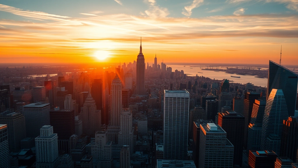 Aerial view of Manhattan skyline at sunset with the Statue of Liberty visible in the distance, golden hour lighting, cinematic photography