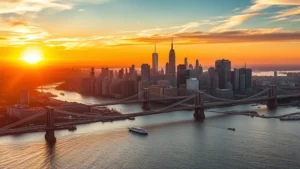 Aerial view of New York City skyline at sunset with Manhattan bridges and Hudson River reflecting golden light, photorealistic travel photography