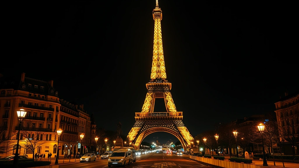 Eiffel Tower illuminated at night with Parisian architecture and street lights creating romantic atmosphere, professional travel destination photography