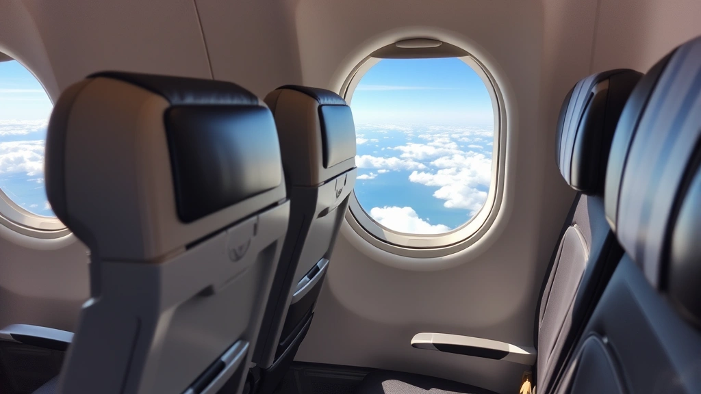Airplane cabin interior during flight with window view of clouds and ocean below, commercial airline seating and modern aircraft design