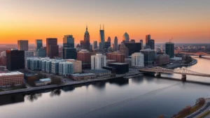 Aerial view of Philadelphia skyline with skyline reflected in Schuylkill River, golden hour lighting, modern cityscape with historic architecture blend