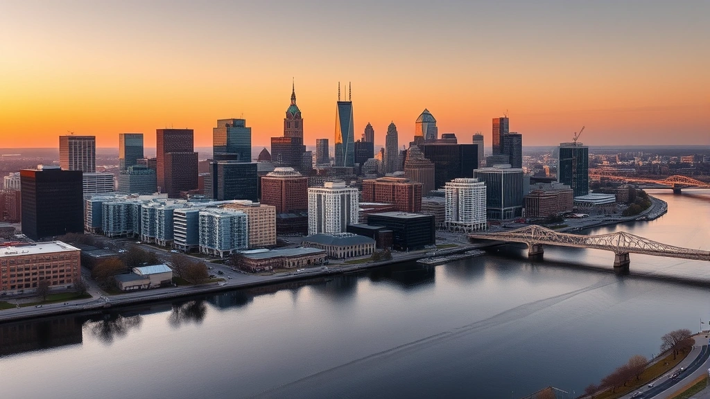 Aerial view of Philadelphia skyline with skyline reflected in Schuylkill River, golden hour lighting, modern cityscape with historic architecture blend