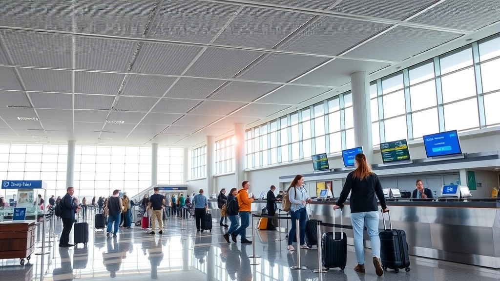 Interior of modern airport terminal with travelers checking luggage at departure counter, bright natural light, busy but organized scene showing travel movement