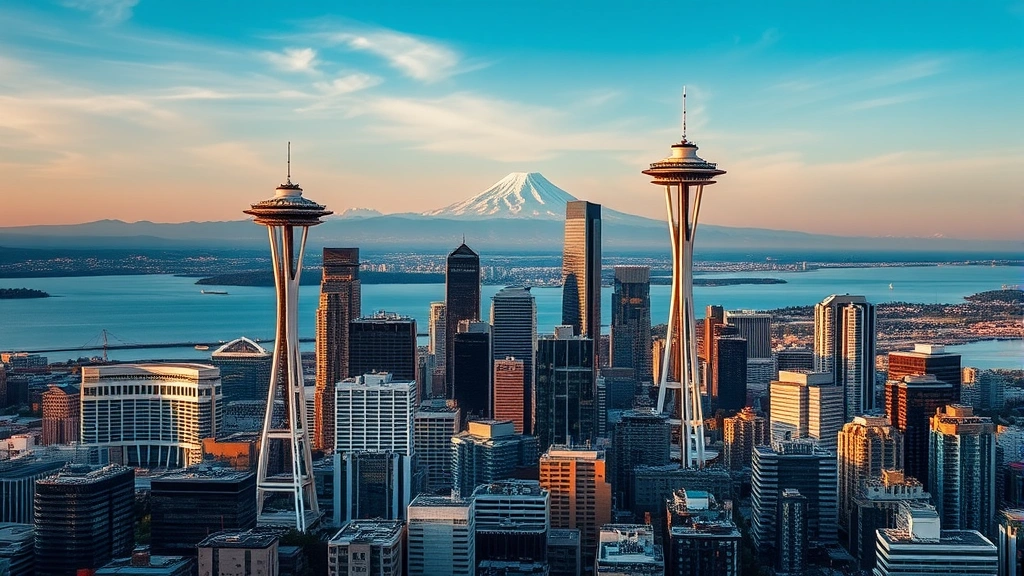 Aerial view of Seattle skyline with Space Needle, Mount Rainier in background, Puget Sound waters, modern downtown architecture, golden hour lighting, photorealistic panoramic landscape