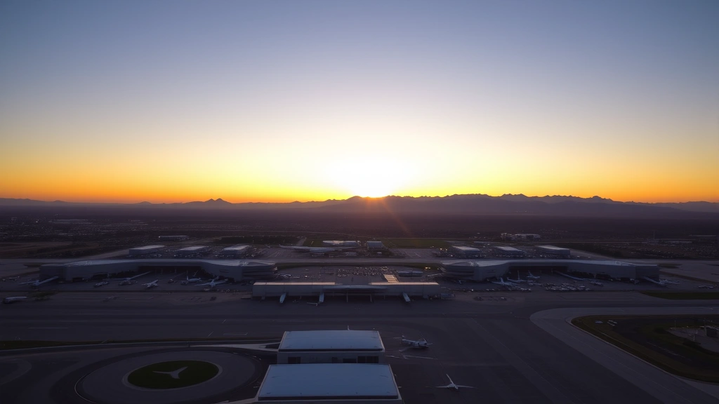 Aerial view of Phoenix Sky Harbor International Airport at sunrise with desert mountains in background, modern terminal buildings and runways visible
