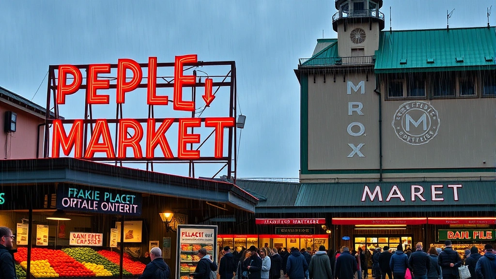Seattle Pike Place Market iconic neon sign with fresh produce stalls, flowers, crowds of visitors, historic market architecture, vibrant atmosphere, rainy day ambiance, authentic Pacific Northwest character