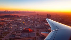 Aerial sunset view of Phoenix Arizona skyline with mountains and urban development transitioning to desert landscape, warm golden hour lighting, commercial aircraft wing visible in foreground