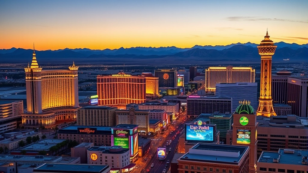 Las Vegas Strip panoramic view at dusk showing iconic casino hotels and bright neon lights reflecting off glass buildings, with desert mountains in background and modern airport terminal in corner