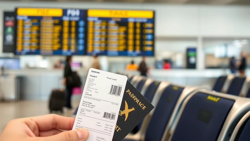 Close-up of airline boarding pass and passport on airport terminal seating area with blurred travelers and departure board in background showing flight information