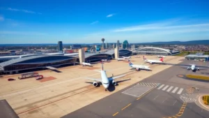 Aerial view of Pittsburgh International Airport with commercial aircraft on tarmac, sunny day, modern terminal buildings visible, vibrant blue sky