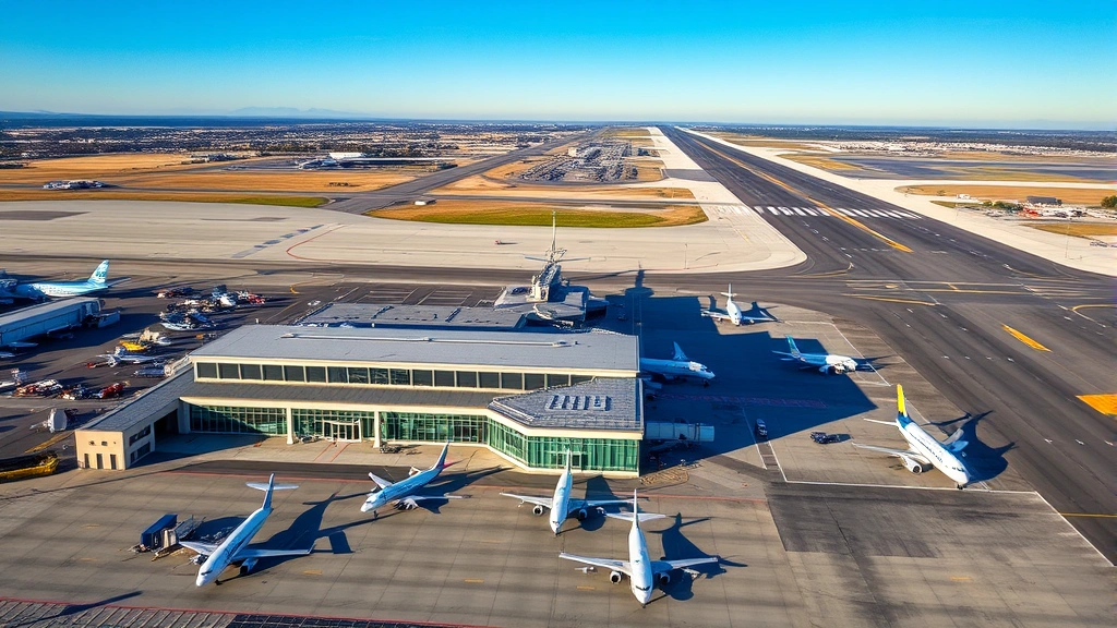 Aerial view of Sacramento International Airport terminal with modern architecture, parked commercial aircraft, and runway stretching into distance under clear blue sky