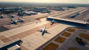 Aerial view of Sacramento International Airport terminal with aircraft on tarmac, sunny California morning light, professional travel photography