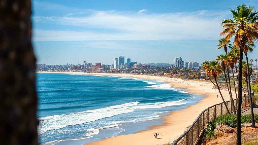 San Diego coastline with golden beaches, palm trees, and downtown skyline visible in distance, crystal clear blue water and white sand