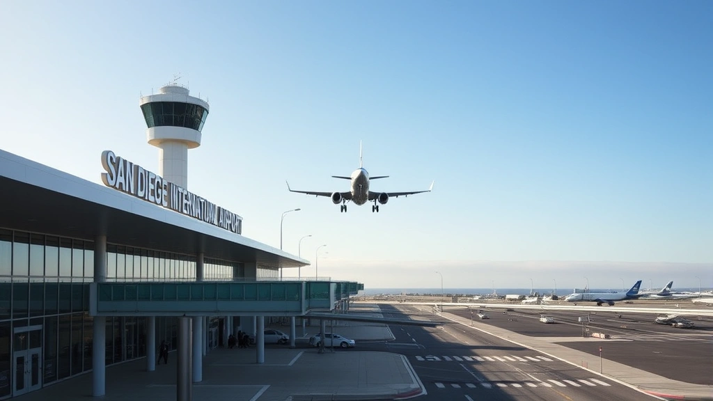 San Diego International Airport exterior with aircraft landing, ocean visible in background, modern terminal architecture with travelers