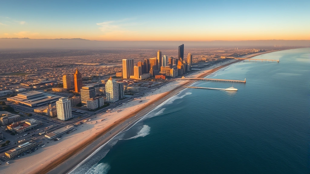 Aerial view of San Diego coastline with downtown skyline and harbor in morning light, photorealistic travel photography
