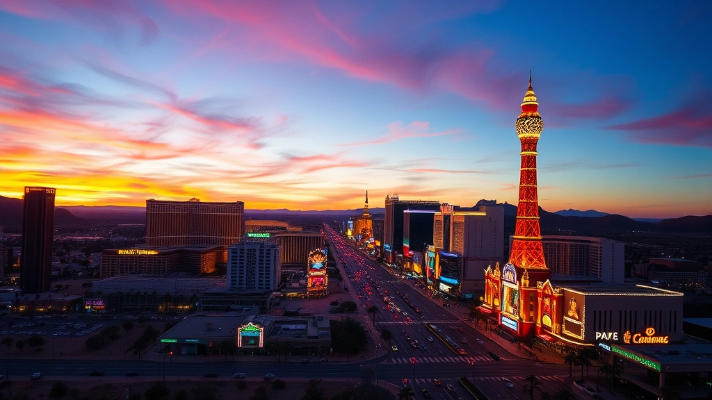 Vibrant Las Vegas Strip at sunset with iconic casino lights and desert landscape, photorealistic destination photography