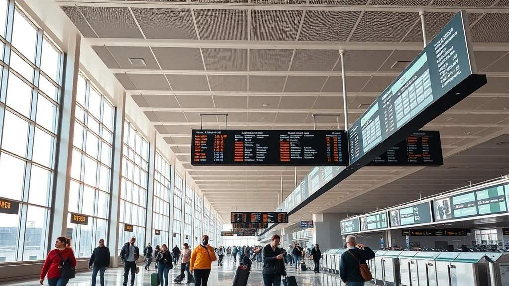 Modern airport terminal interior with departure boards and travelers, bright natural lighting, photorealistic travel scene