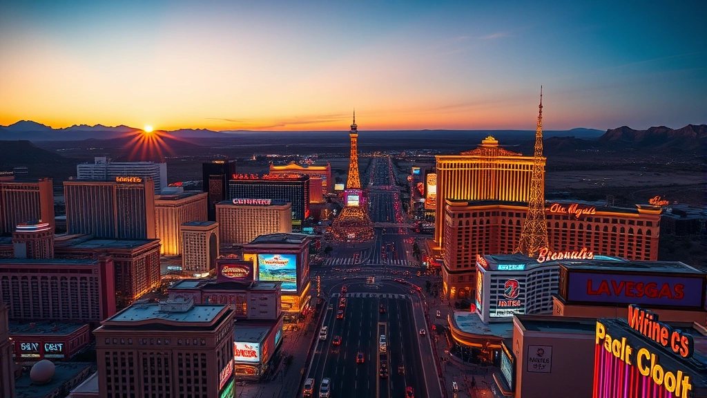 Aerial sunrise view of Las Vegas Strip with bright neon lights and casinos reflecting in desert morning light, vibrant colorful buildings and streets