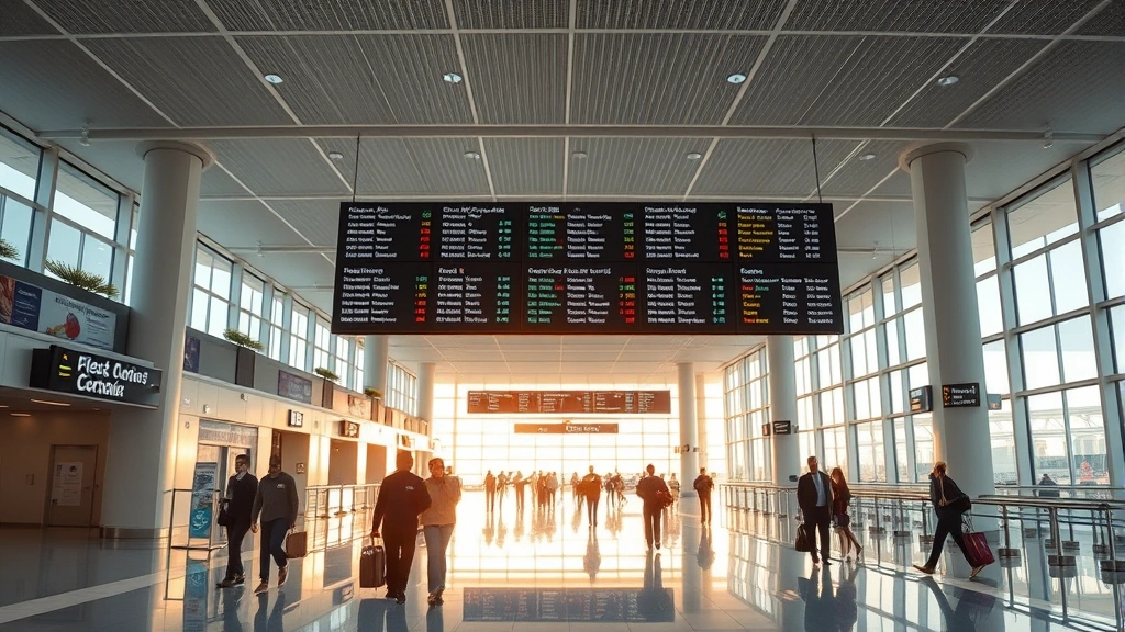 Modern airport terminal interior with travelers walking through clean corridors, departure boards glowing, natural sunlight streaming through large windows