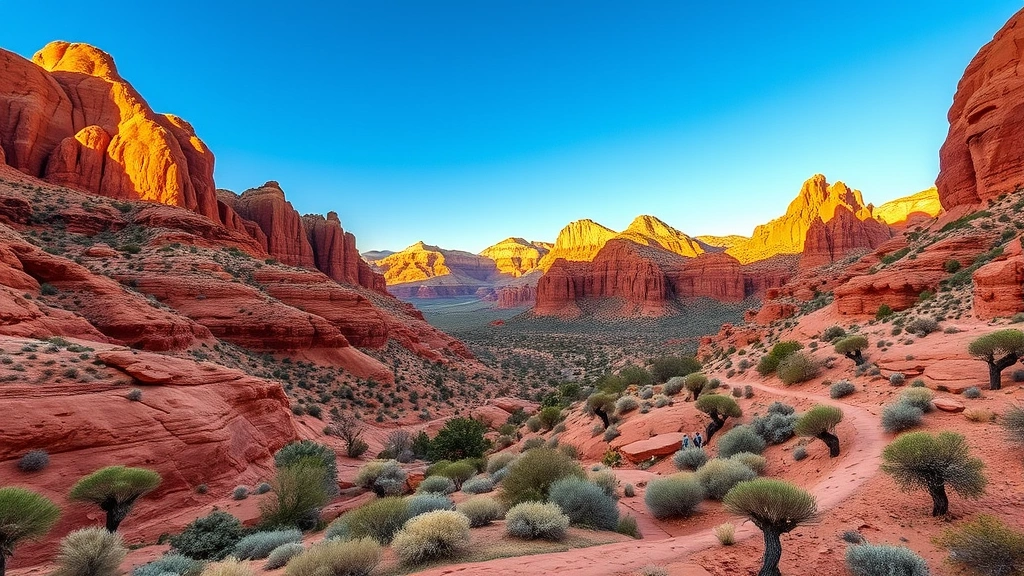 Desert landscape of Red Rock Canyon near Las Vegas showing dramatic red rock formations, hiking trails, and clear blue sky with golden afternoon light