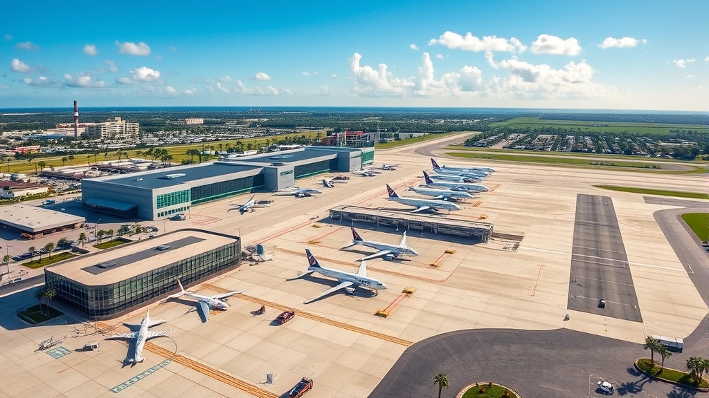 Aerial view of Tampa International Airport with planes at gates, modern terminal buildings, sunny Florida landscape with blue sky and palm trees visible