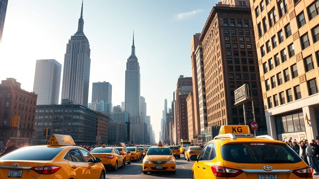 Bustling Manhattan skyline with Empire State Building and Chrysler Building prominent, yellow taxi cabs on street, skyscrapers reflecting afternoon sunlight, urban energy and crowds