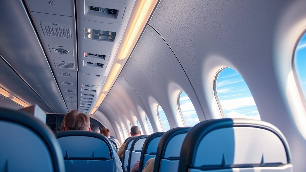 Commercial airplane interior cabin during cruise, passengers in seats, window showing blue sky and clouds, modern aircraft design with overhead bins and comfortable seating