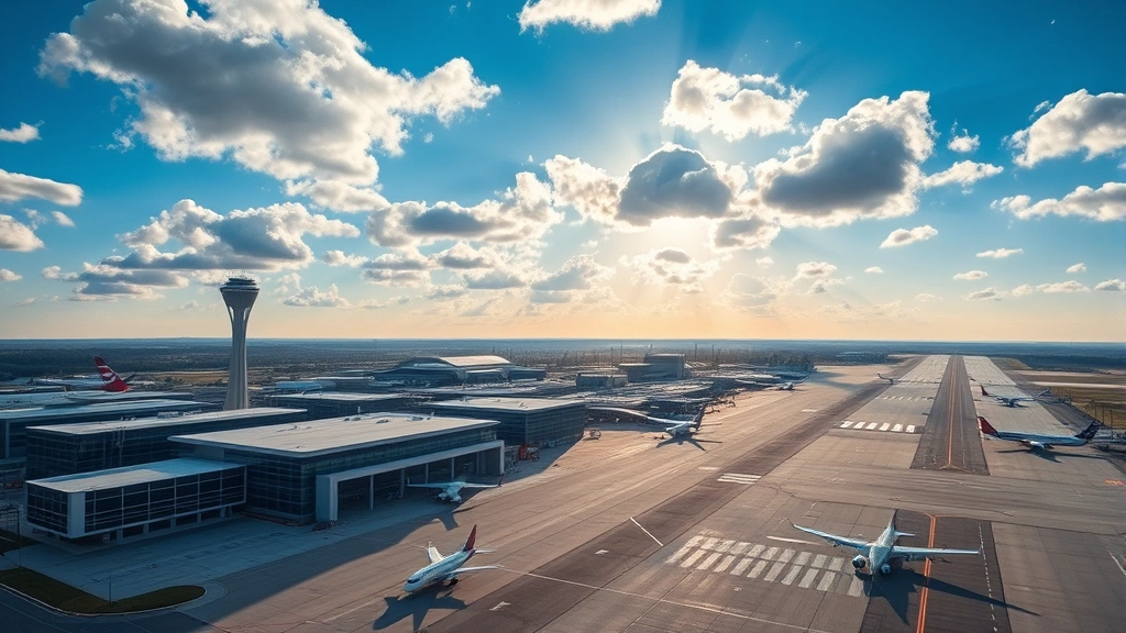 Aerial view of Charlotte Douglas International Airport with modern terminal buildings, aircraft taxiing on runways, morning sunlight casting long shadows, vibrant blue sky with scattered clouds, professional photography style